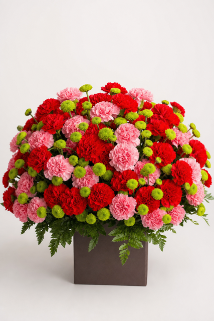 Cutie florală cu garoafe roșii, garoafe roz și crizanteme verzi