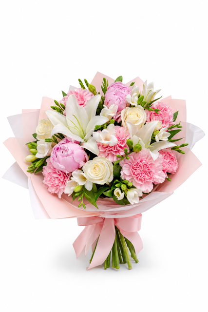 Buchet roz parfumat cu bujori, frezii, crini