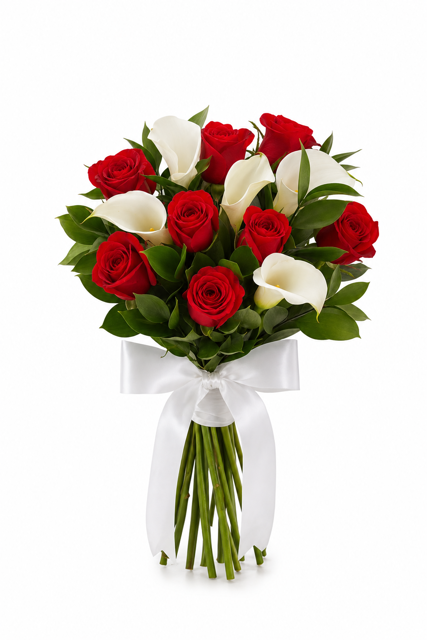 Buchet trandafiri rosii si cale albe
