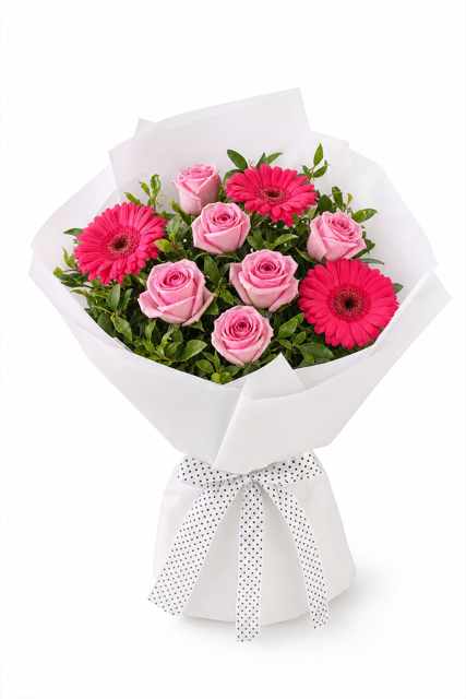 Trandafiri roz si gerbera