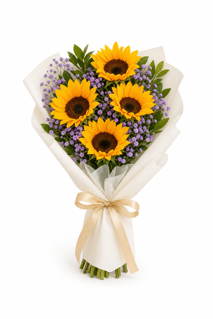 Buchet cu floarea-soarelui si gypsophila