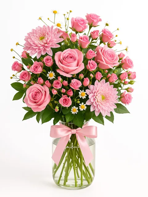 Buchet cu trandafiri si minirosa roz (Large)