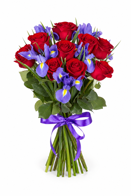 Buchet irisi si trandafiri rosii