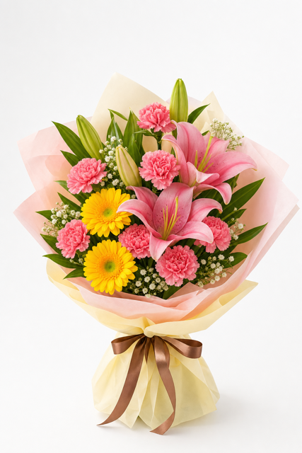 Buchet cu gerbera, garoafe roz și crini roz