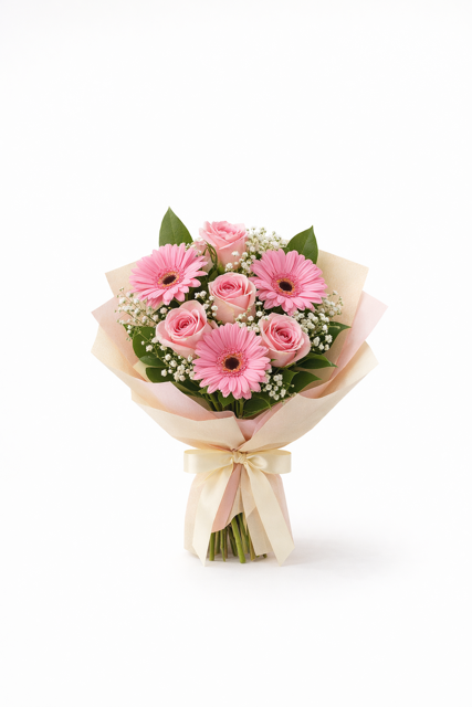 Buchet trandafiri roz si gerbera roz