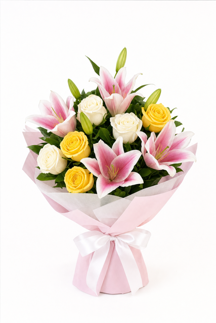 Buchet trandafiri albi, galbeni si crini roz